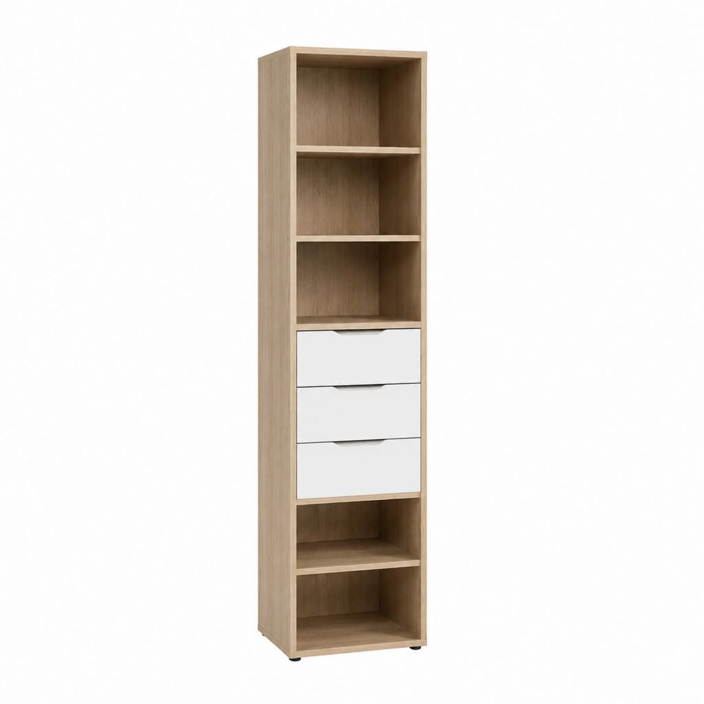 Standregal mit 3 Schubladen Eiche hell Weiß Spanplatte rechteckig 45 x 35 x 180 cm