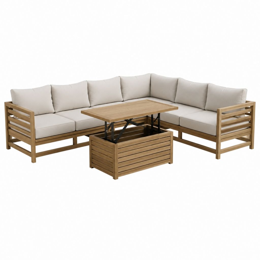3-teiliges Gartenlounge Ecksofa Set Beige aus Akazienholz mit höhenverstellbarem Tisch 218 x 218 cm