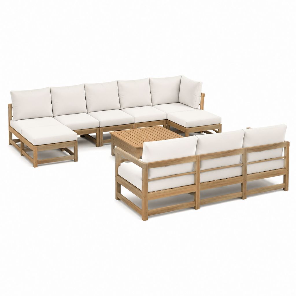 Gartenlounge Set aus Akazienholz Natur mit cremefarbenen Polyesterpolstern 283 x 148 x 75 cm