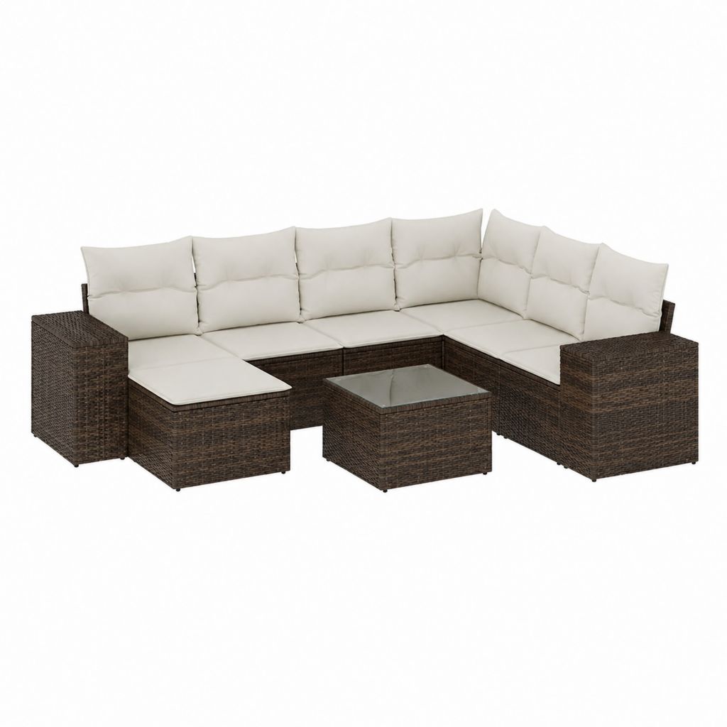 Gartenlounge Ecksofa Set Dunkelbraun PE-Rattan Creme Polyester L-Form 260 x 200 x 65 cm mit Glastisch