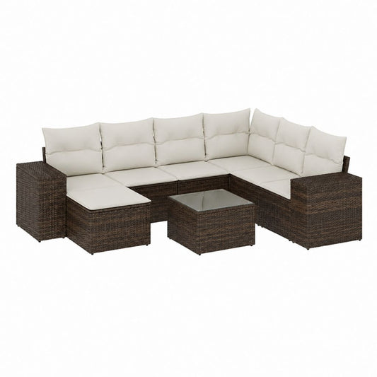 Gartenlounge Ecksofa Set Dunkelbraun PE-Rattan Creme Polyester L-Form 260 x 200 x 65 cm mit Glastisch