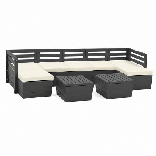 8-teiliges Gartenlounge-Set Schwarz Kiefer-Massivholz L-Form mit cremefarbenen Polyesterkissen 350 x 140 x 67 cm