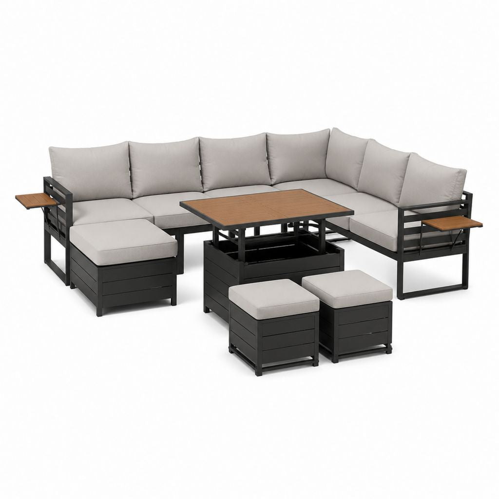 5-teiliges Gartensofa Set Schwarz Grau Aluminium mit WPC-Tisch 250 x 250 x 70 cm