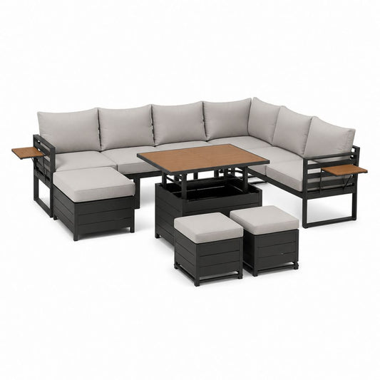 5-teiliges Gartensofa Set Schwarz Grau Aluminium mit WPC-Tisch 250 x 250 x 70 cm