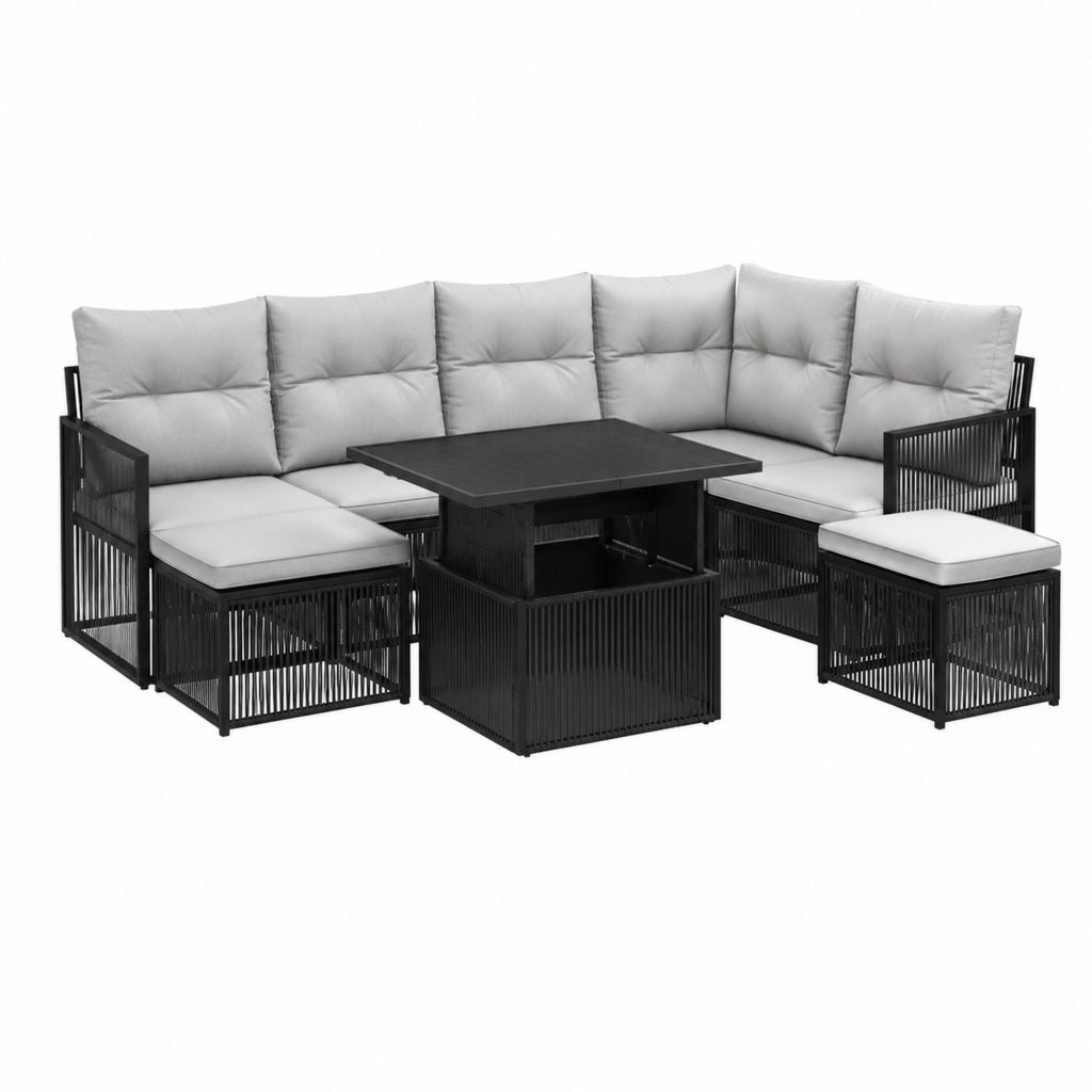Gartenlounge Set 8-teilig Schwarz PE-Rattan L-Form mit grauen Kissen 260 x 200 x 70 cm