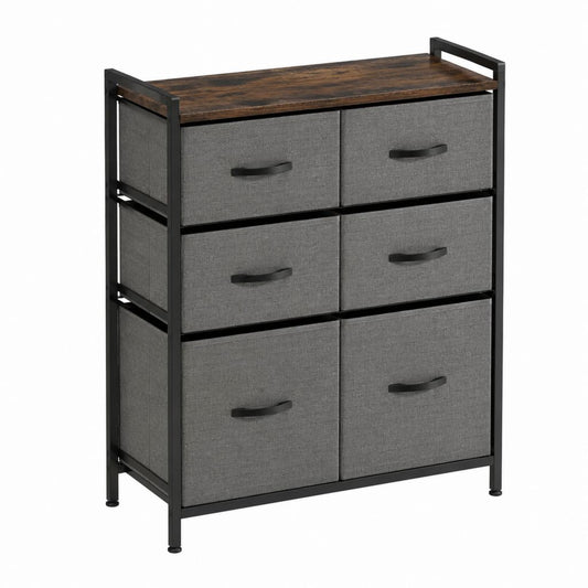 Schubladenkommode mit 6 Stoffschubladen Dunkelbraun Grau Schwarz Stahl MDF rechteckig 58 x 29 x 104 cm