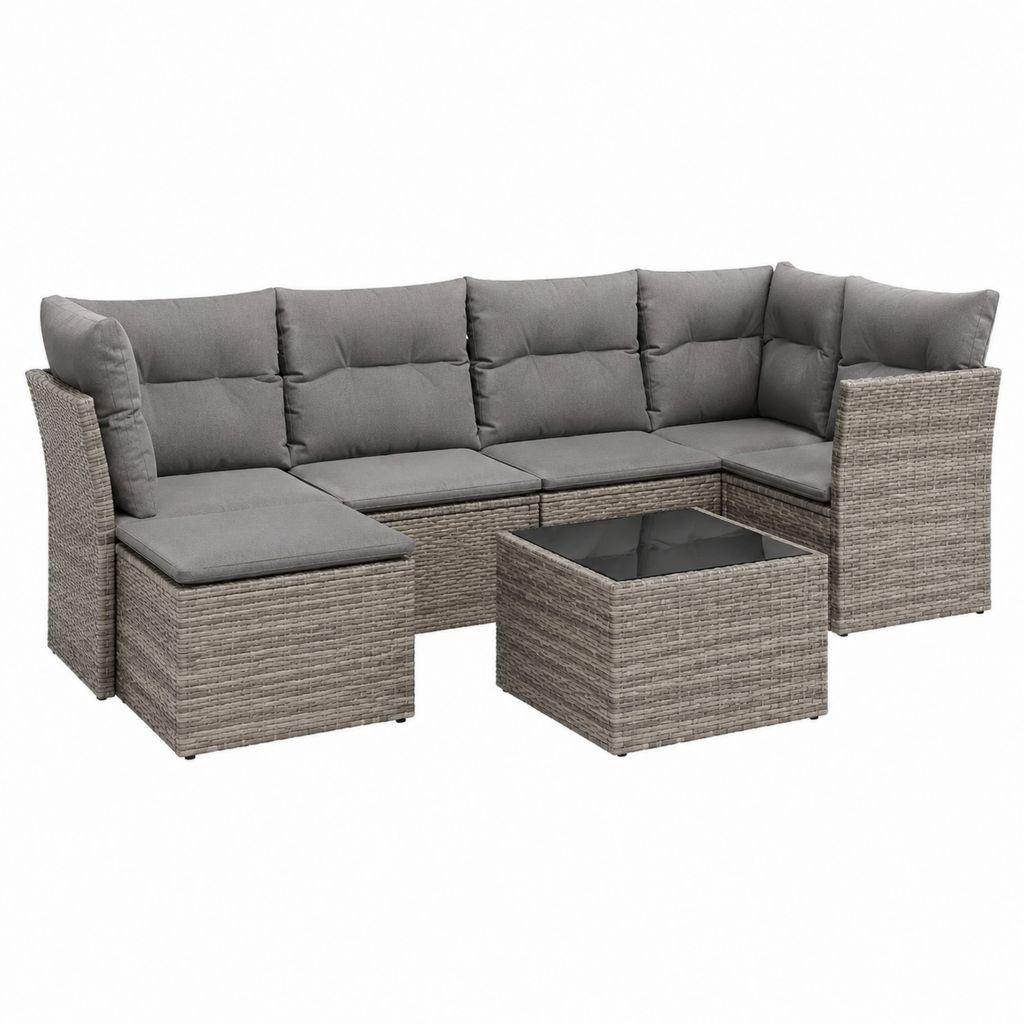 Gartenlounge Ecksofa Set Grau Polyrattan mit Glastisch 240 x 180 x 75 cm