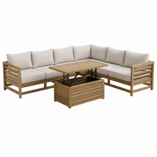 3-teiliges Gartenlounge Ecksofa Set Beige aus Akazienholz mit höhenverstellbarem Tisch 218 x 218 cm