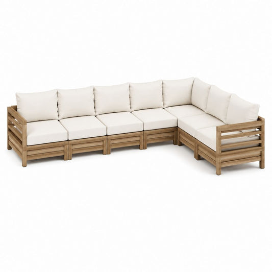 5-teiliges Gartenlounge Set Ecksofa Naturweiß aus massivem Akazienholz mit Polyesterkissen L-Form 350 x 140 x 70 cm