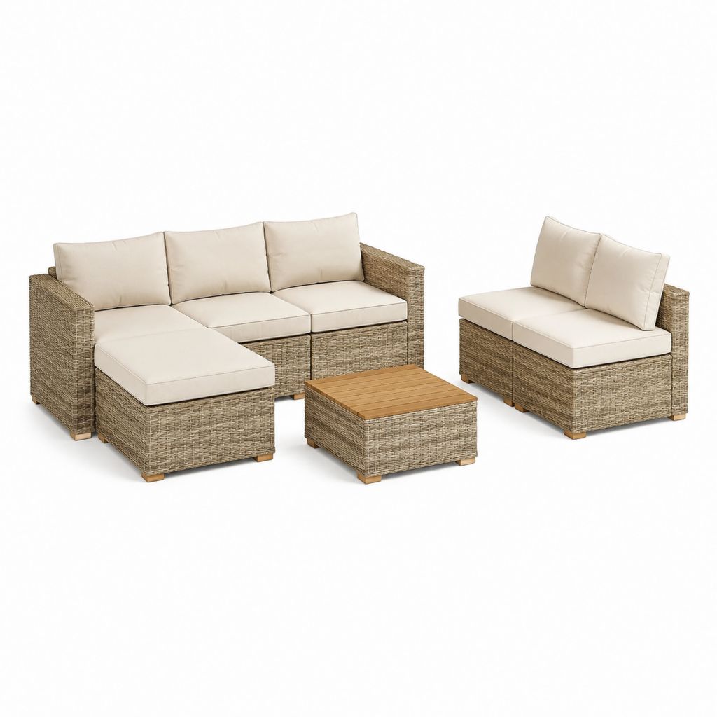 4-teiliges Gartenlounge-Set Beige Polyrattan mit Polyesterkissen und Akazienholz-Tischplatte 150 x 75 x 70 cm