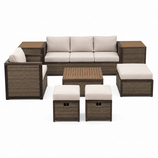 6-teiliges Gartensofa Set Braun Beige aus PE-Rattan mit 3-Sitzer Sessel Hocker Tisch 235 x 75 x 70 cm